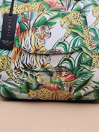 Sharif Hand Painted Jungle Tiger  Leather Hand Bag With  Detachable Crossbody