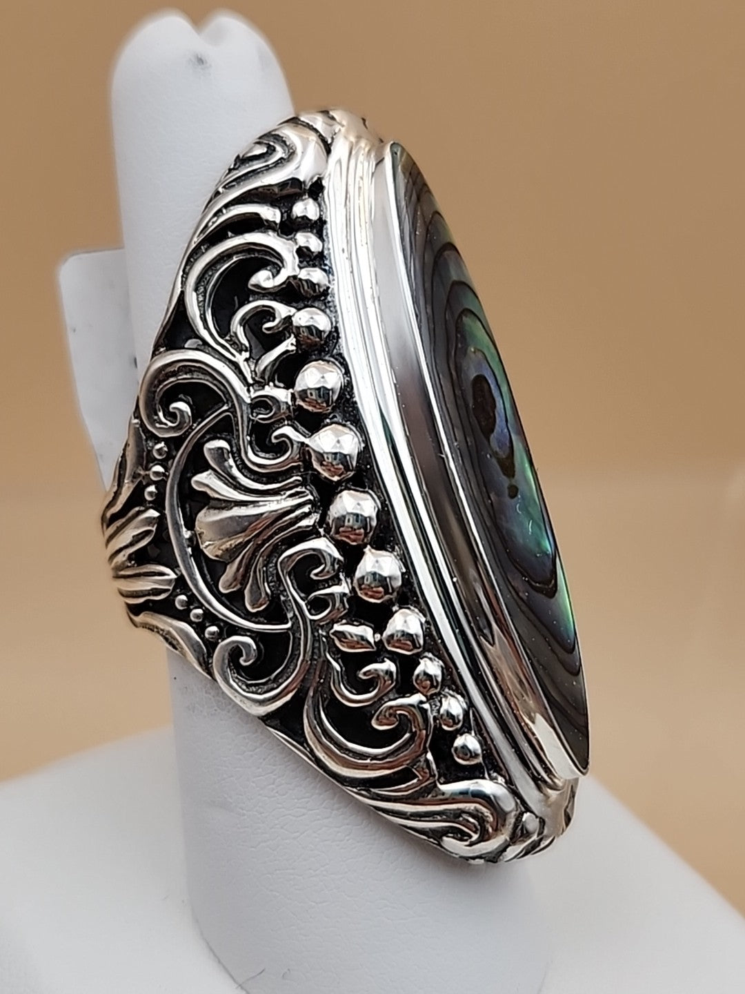 SAMUEL B. Abalone Shell  Sterling Silver Filigree Ring Size 8.25