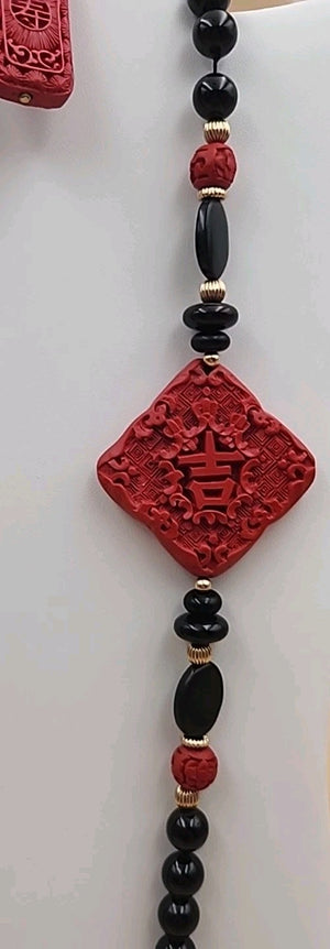 AMBER FOREVER  Carved Cinnbar Tablet/Blk Jade & Onyx /14KGF Beaded Necklace Set