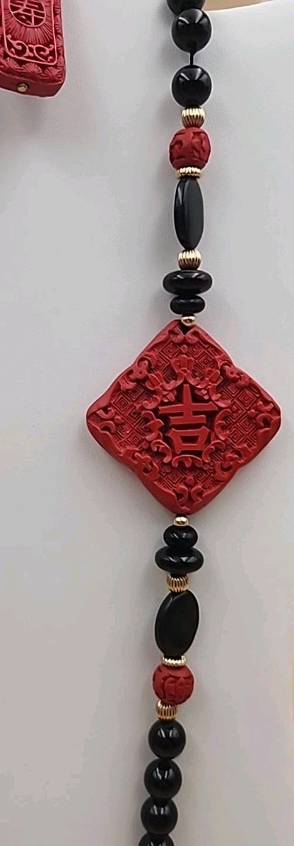 AMBER FOREVER  Carved Cinnbar Tablet/Blk Jade & Onyx /14KGF Beaded Necklace Set