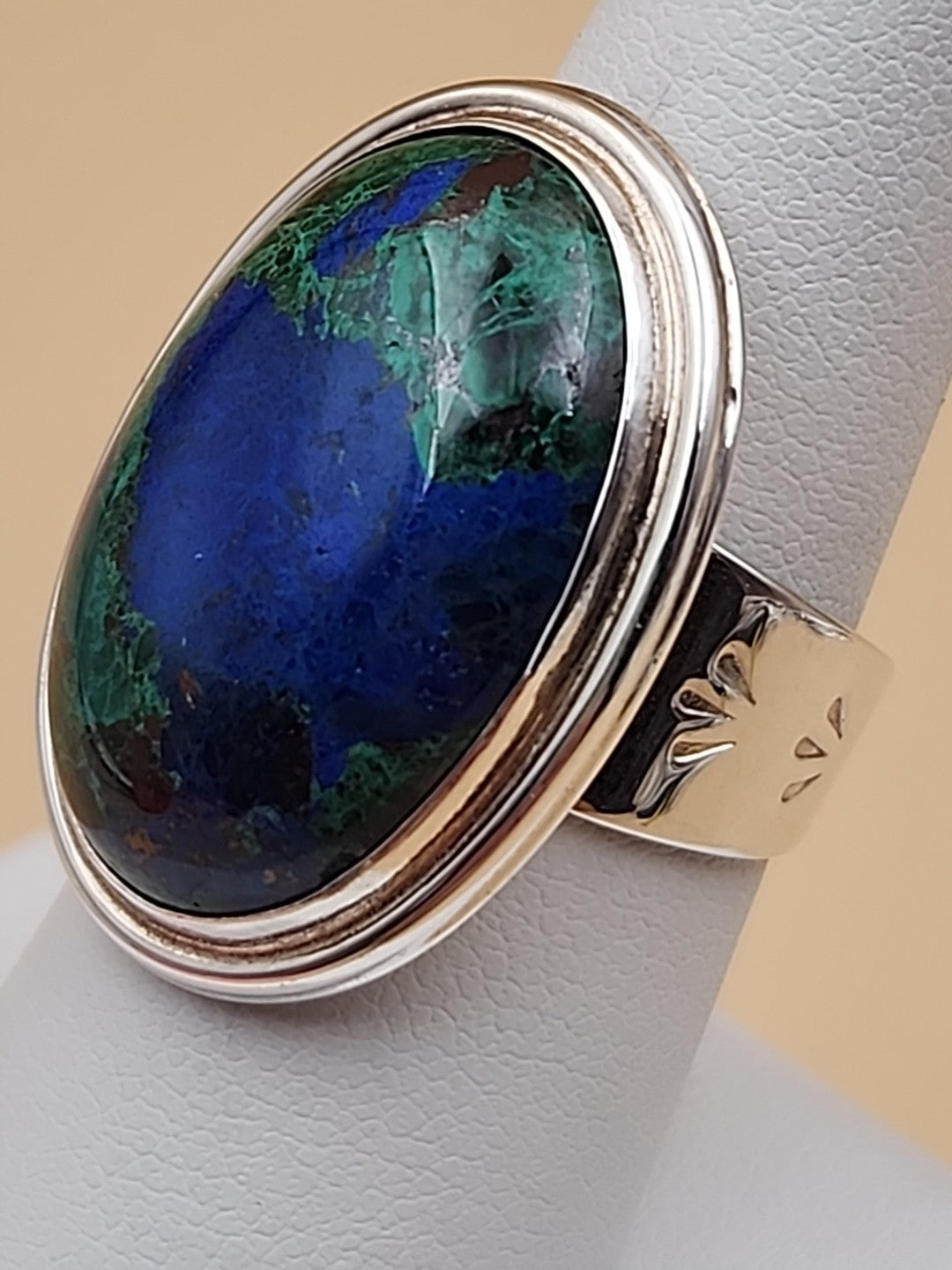 DESERT ROSE TRADING Azurite/Sterling Silver/Stamped Design Band/Ring Size 8