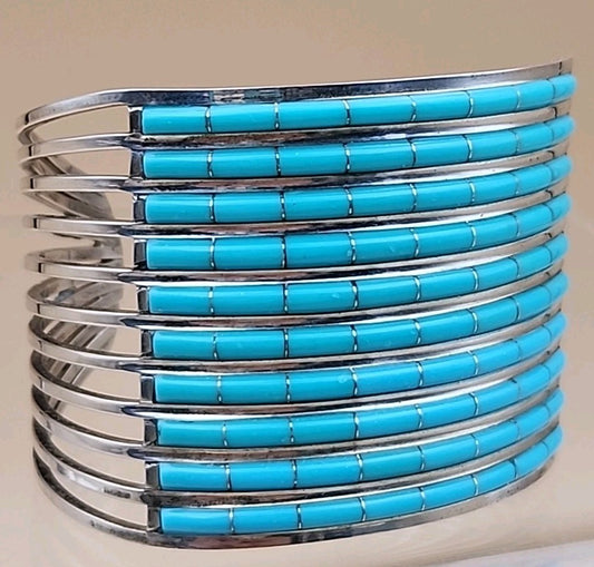 ANSON LETICIA WALLACE ZUNI Turquoise Inlaid/Sterling Silver Cuff Bracelet