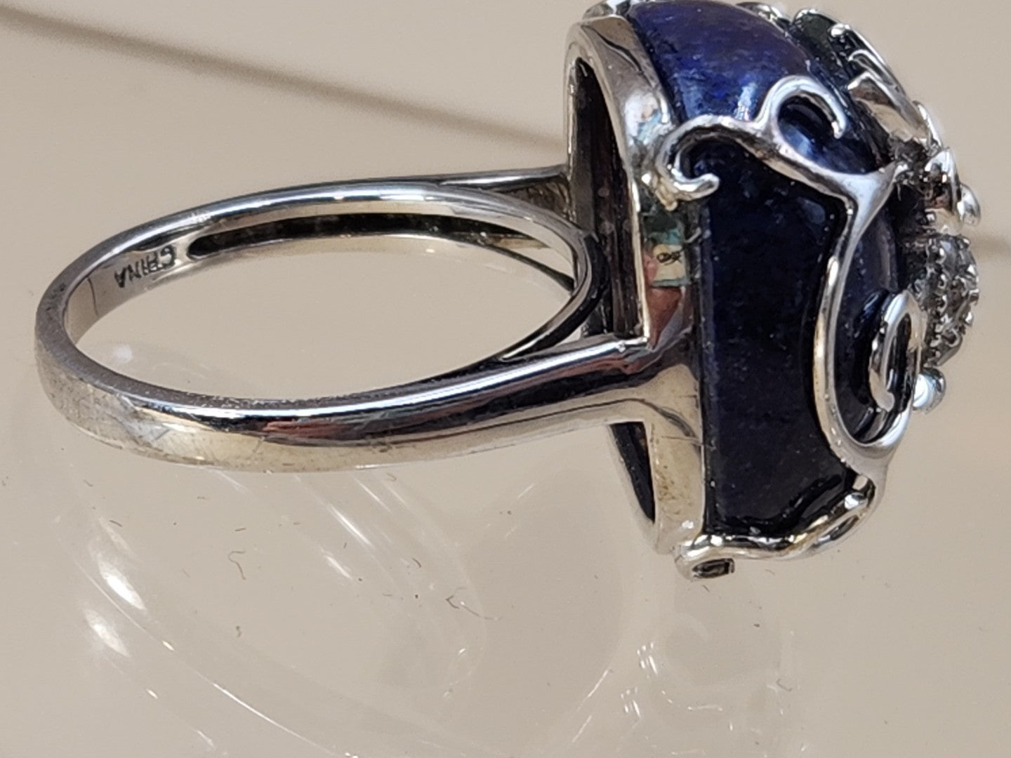 Lapis Lazuli/Sterling Silver/Clear Crystal/Red Garnet Owl Design Ring Size 7.75