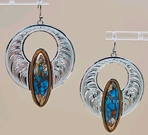 Chrysocolla Shattuckite/ Engraved Sterling Silver Hoop Style Dangle Earrings