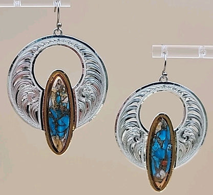 Chrysocolla Shattuckite/ Engraved Sterling Silver Hoop Style Dangle Earrings