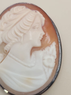 Sterling Silver Victorian Hand Carved 40mm Cameo Pendant/Brooch