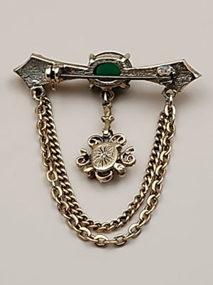 1950's-60's Victorian Revival Jadeite Cabochon/Gold Tone Cameo Dangle Brooch