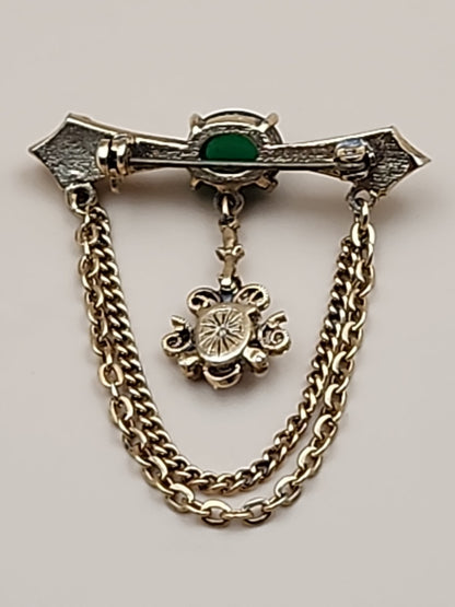 1950's-60's Victorian Revival Jadeite Cabochon/Gold Tone Cameo Dangle Brooch