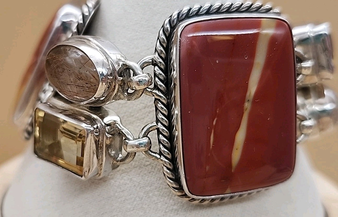 Yellow Citrine/Red Jasper/Rutilated Quartz/Sterling Silver 8"Adjustable Bracelet