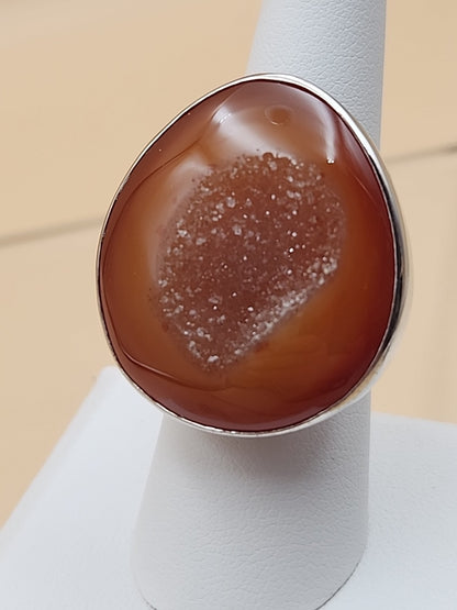 Sterling Silver/Druzy Orange Agate Cabochon/Polished Adjustable Ring Size 7.75 +