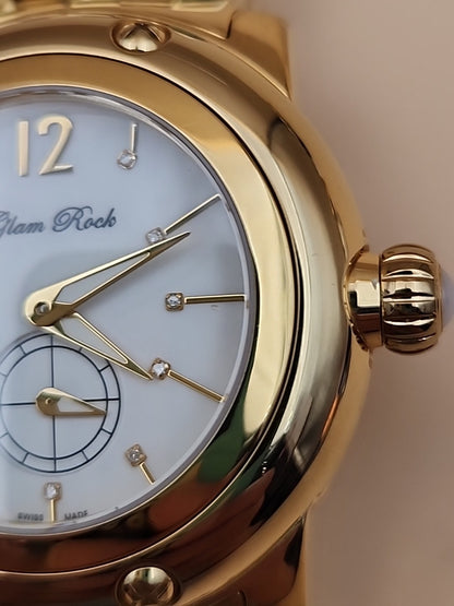 GLAM ROCK Miami Quartz Gold Tone/Crystal Indices/Glowing Hands Watch NEW BATTERY