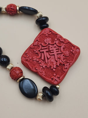 AMBER FOREVER  Carved Cinnbar Tablet/Blk Jade & Onyx /14KGF Beaded Necklace Set