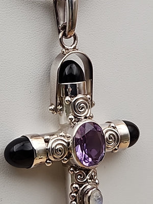 SAJEN Sterling Silver/Amethyst/Moonstone/Black Onyx Swirl Cross Pendant