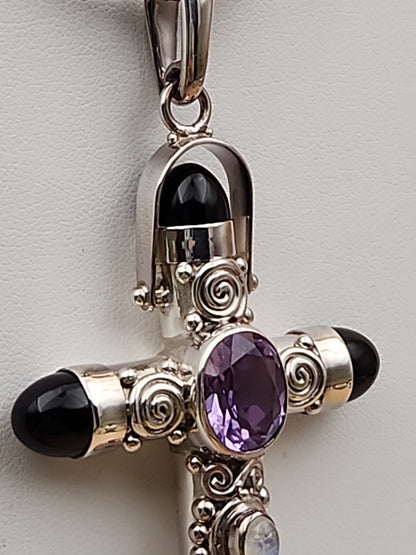 SAJEN Sterling Silver/Amethyst/Moonstone/Black Onyx Swirl Cross Pendant