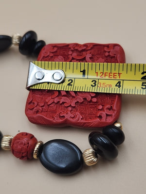 AMBER FOREVER  Carved Cinnbar Tablet/Blk Jade & Onyx /14KGF Beaded Necklace Set