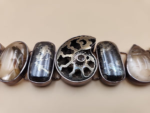 Pyritized Ammonite Shell/Pyrite/Quartz/Smoky Quartz/Sterling Adjustable Bracelet