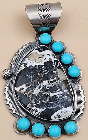 GILBERT PLATERO NAVAJO Sleeping Beauty/ White Buffalo Turquoise/Sterling Pendant