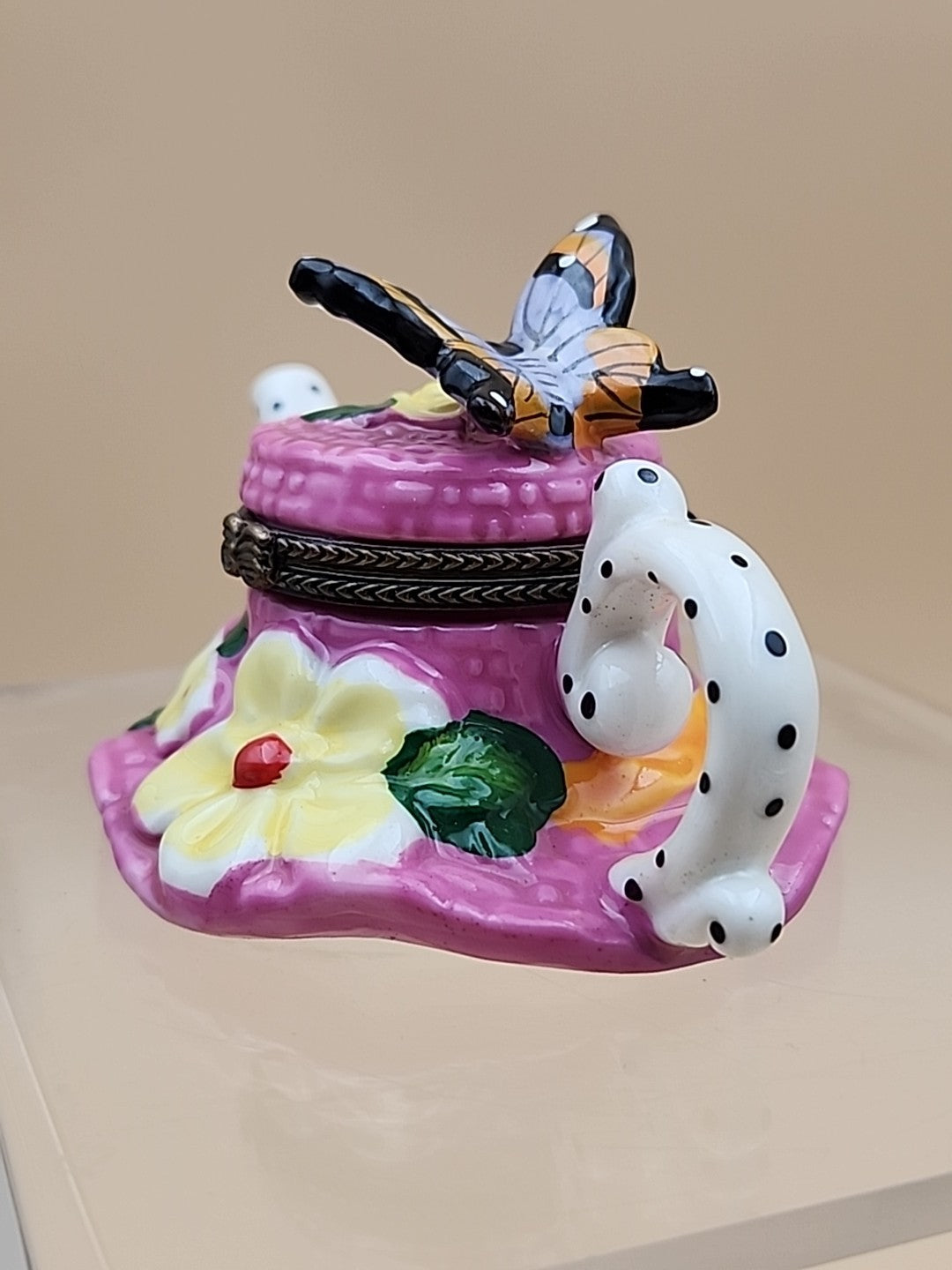 Limoges Hand Painted Teapot Sunhat With Butterfly/Flowers Porcelain Trinket Box