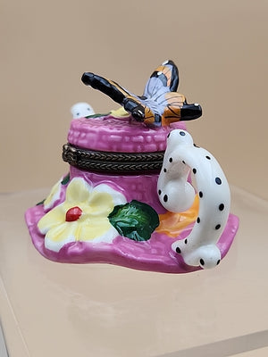 Limoges Hand Painted Teapot Sunhat With Butterfly/Flowers Porcelain Trinket Box
