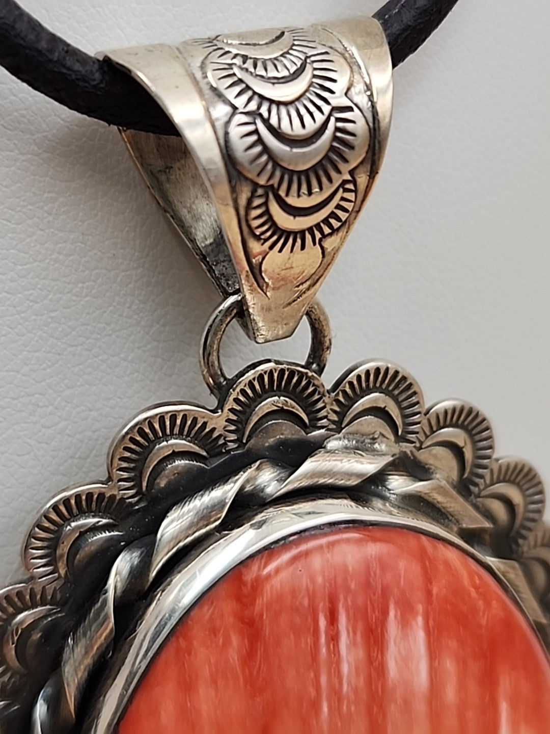 GILBERT PLATERO Navajo Orange Spiny Oyster/Sterling Silver SignedVintage Pendant