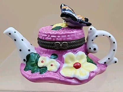 Limoges Hand Painted Teapot Sunhat With Butterfly/Flowers Porcelain Trinket Box