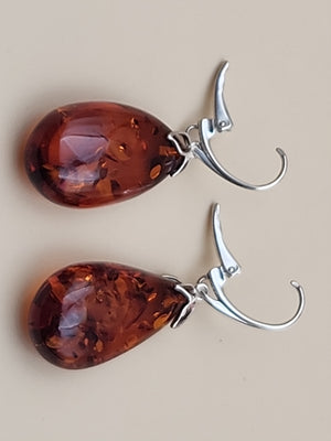 Baltic Cognac Amber/Sterling Silver 1.75" Drop/Dangle Earrings