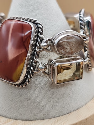 Yellow Citrine/Red Jasper/Rutilated Quartz/Sterling Silver 8"Adjustable Bracelet