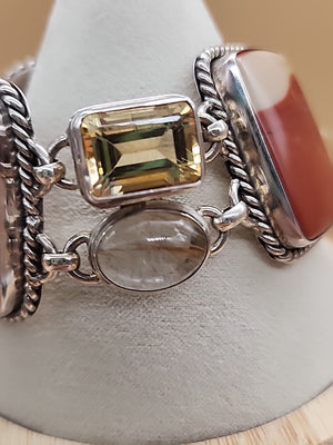 Yellow Citrine/Red Jasper/Rutilated Quartz/Sterling Silver 8"Adjustable Bracelet