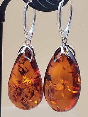 Baltic Cognac Amber/Sterling Silver 1.75" Drop/Dangle Earrings