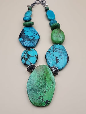 AMY KAHN RUSSELL Original  Green &  Blue Chunky Turquoise 24" Necklace 9.5 OZ TW