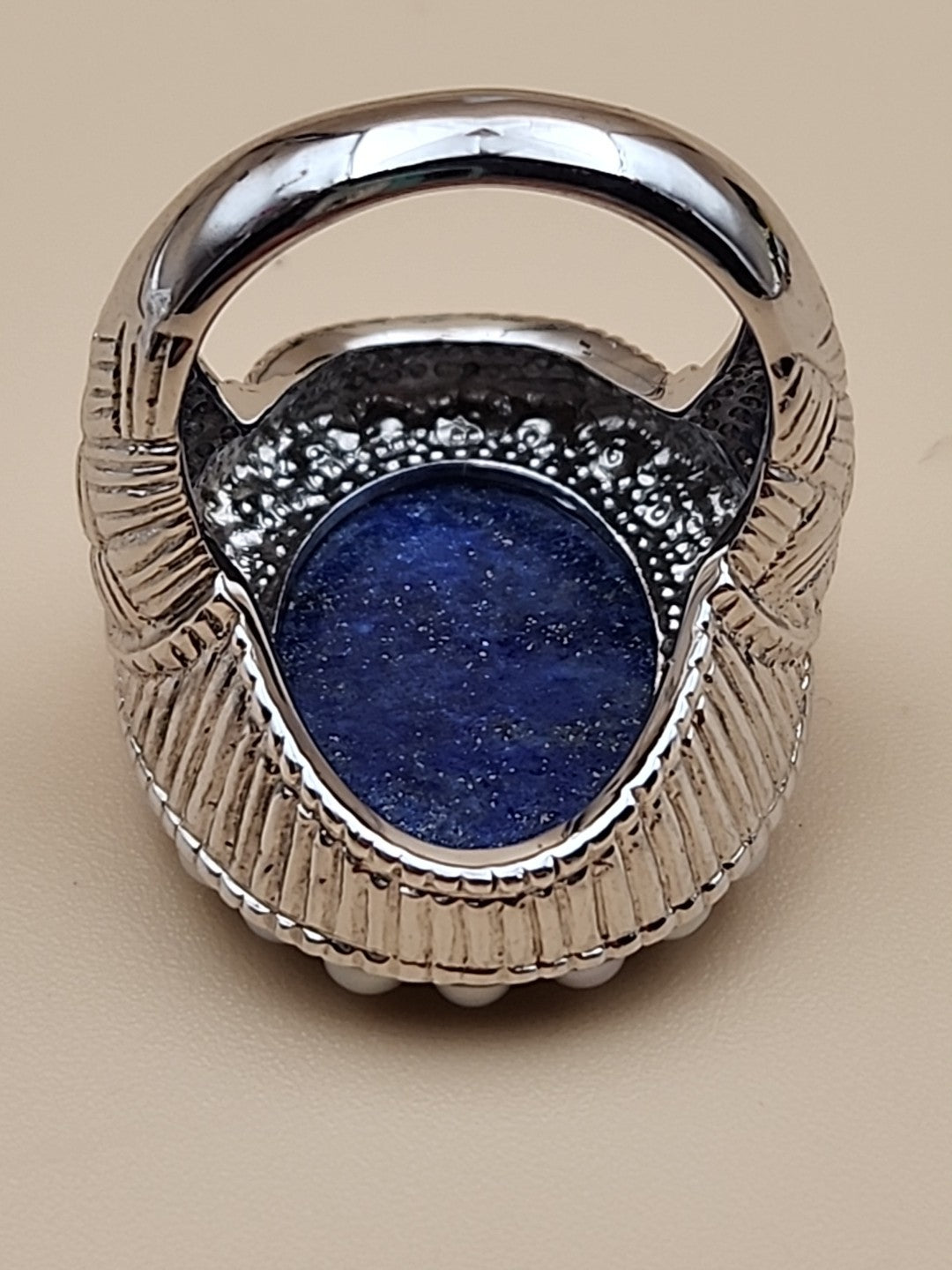 LYDIA Lapis Lazuli/Pearl/Sterling Silver Hand Carved Cameo Ring Size 7