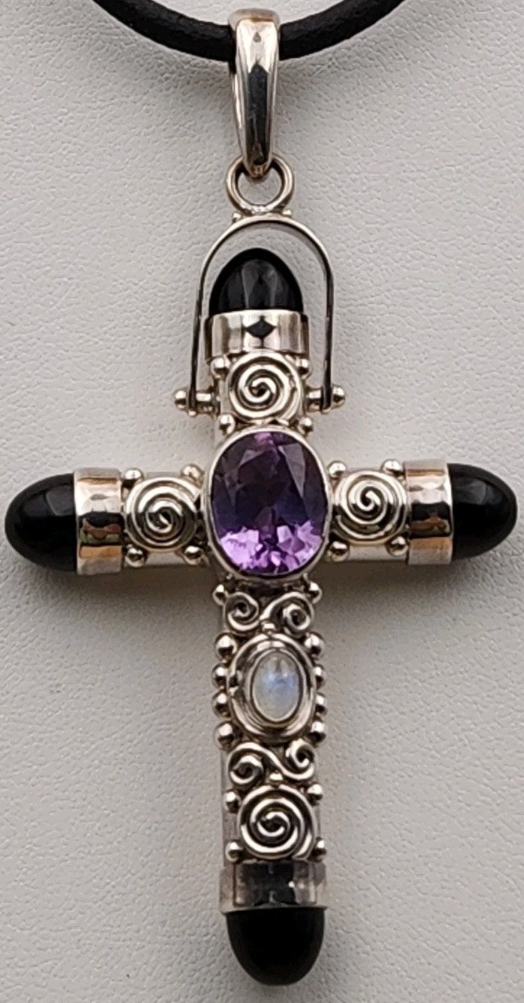 SAJEN Sterling Silver/Amethyst/Moonstone/Black Onyx Swirl Cross Pendant