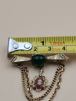 1950's-60's Victorian Revival Jadeite Cabochon/Gold Tone Cameo Dangle Brooch