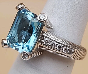 JUDITH RIPKA Aquamarine/Cubic Zirconia/Sterling Silver Ring Size 6