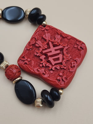 AMBER FOREVER  Carved Cinnbar Tablet/Blk Jade & Onyx /14KGF Beaded Necklace Set