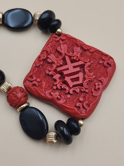 AMBER FOREVER  Carved Cinnbar Tablet/Blk Jade & Onyx /14KGF Beaded Necklace Set