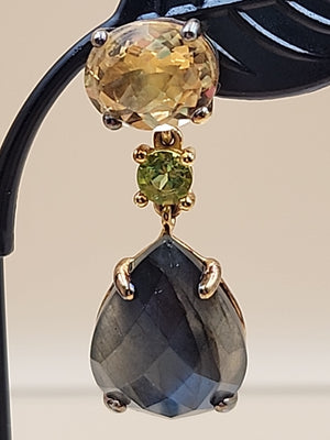 Gray Labradorite/Yellow Citrine/Green Peridot Sterling Silver Drop Earrings