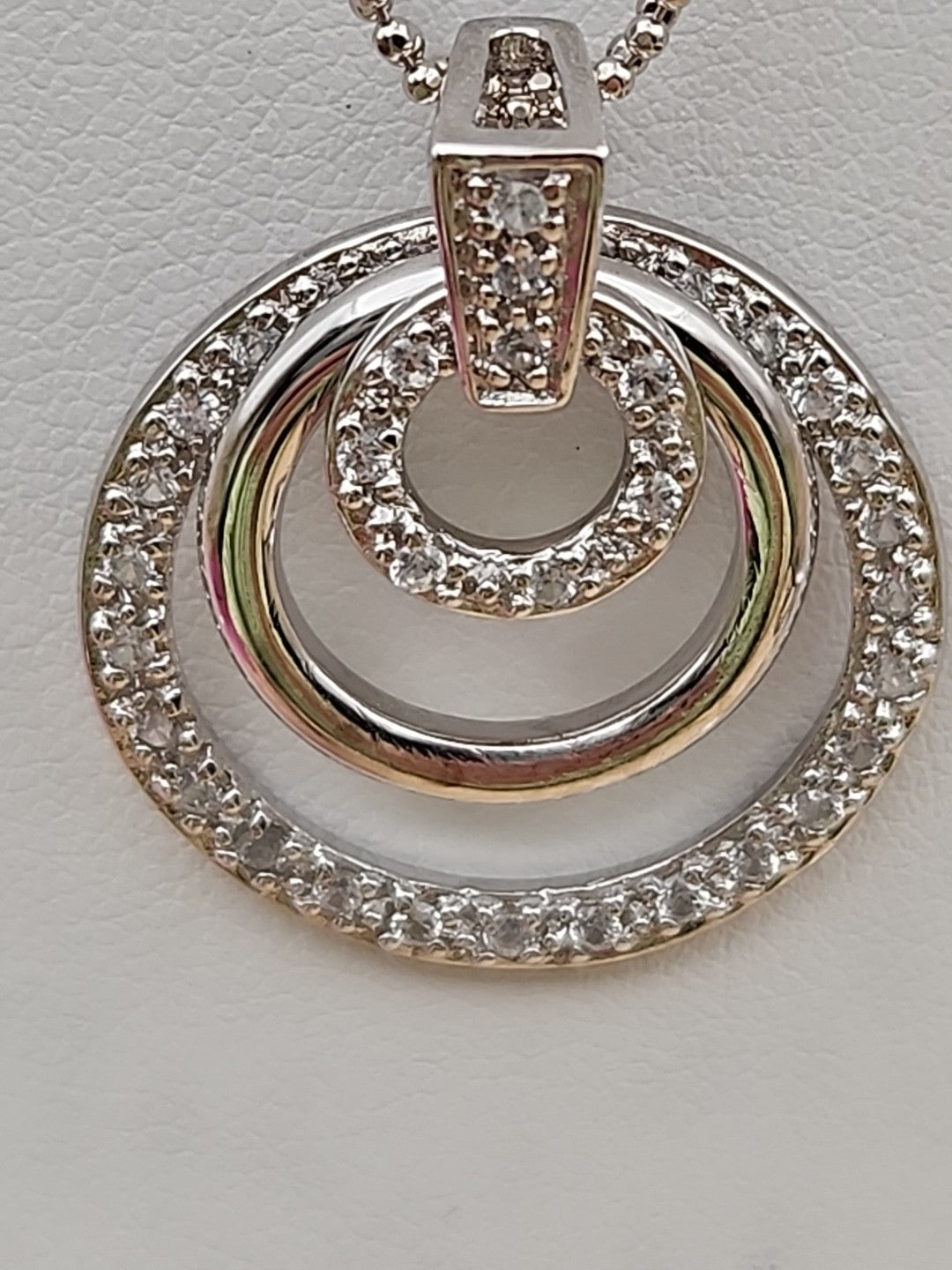 Sterling Silver Dbl. Beaded Chain/ Triple Circle Crystal Pendant & Earrings Set