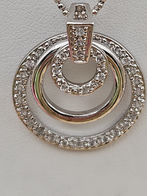 Sterling Silver Dbl. Beaded Chain/ Triple Circle Crystal Pendant & Earrings Set