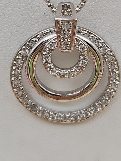 Sterling Silver Dbl. Beaded Chain/ Triple Circle Crystal Pendant & Earrings Set