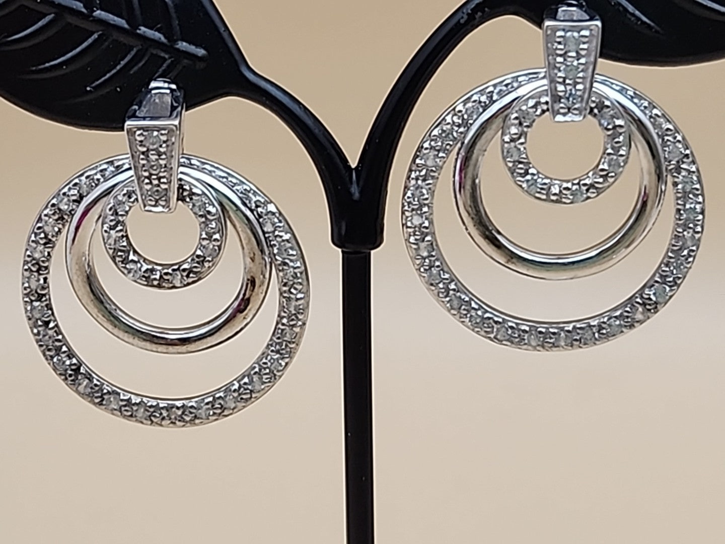 Sterling Silver Dbl. Beaded Chain/ Triple Circle Crystal Pendant & Earrings Set