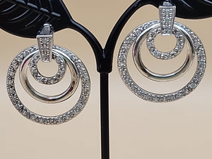 Sterling Silver Dbl. Beaded Chain/ Triple Circle Crystal Pendant & Earrings Set