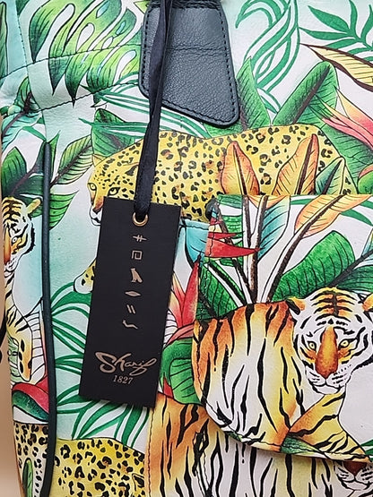 Sharif Hand Painted Jungle Tiger  Leather Hand Bag With  Detachable Crossbody