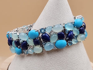 KHR JEWELS Stabilized Turquoise/Lapis/Chalcedony/Blue/White Topaz 7.5"Bracelet