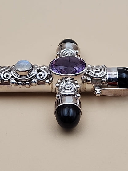 SAJEN Sterling Silver/Amethyst/Moonstone/Black Onyx Swirl Cross Pendant