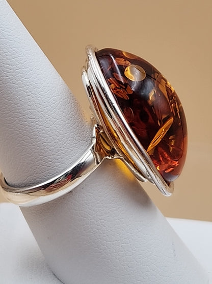 Cognac Baltic Amber/Sterling Silver Leaf Adjustable Ring Size 7.5