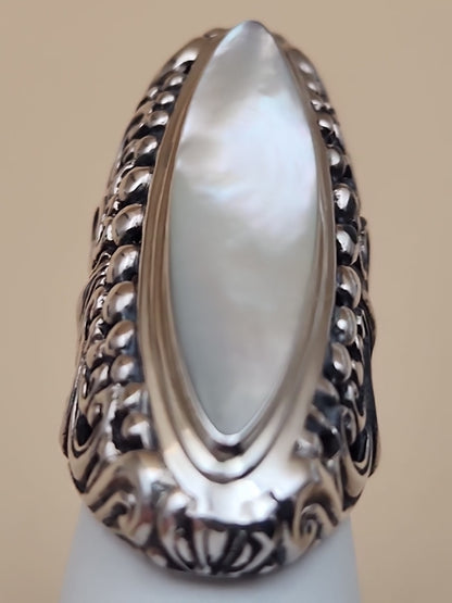 SAMUEL B. Mother Of Pearl/ Sterling Silver Filagree Finger Ring Size 6