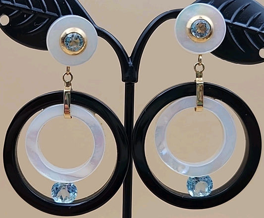 ROSS SIMONS 14k/Mother Of Pearl/Blue Topaz/Open Circle Drop Earrings