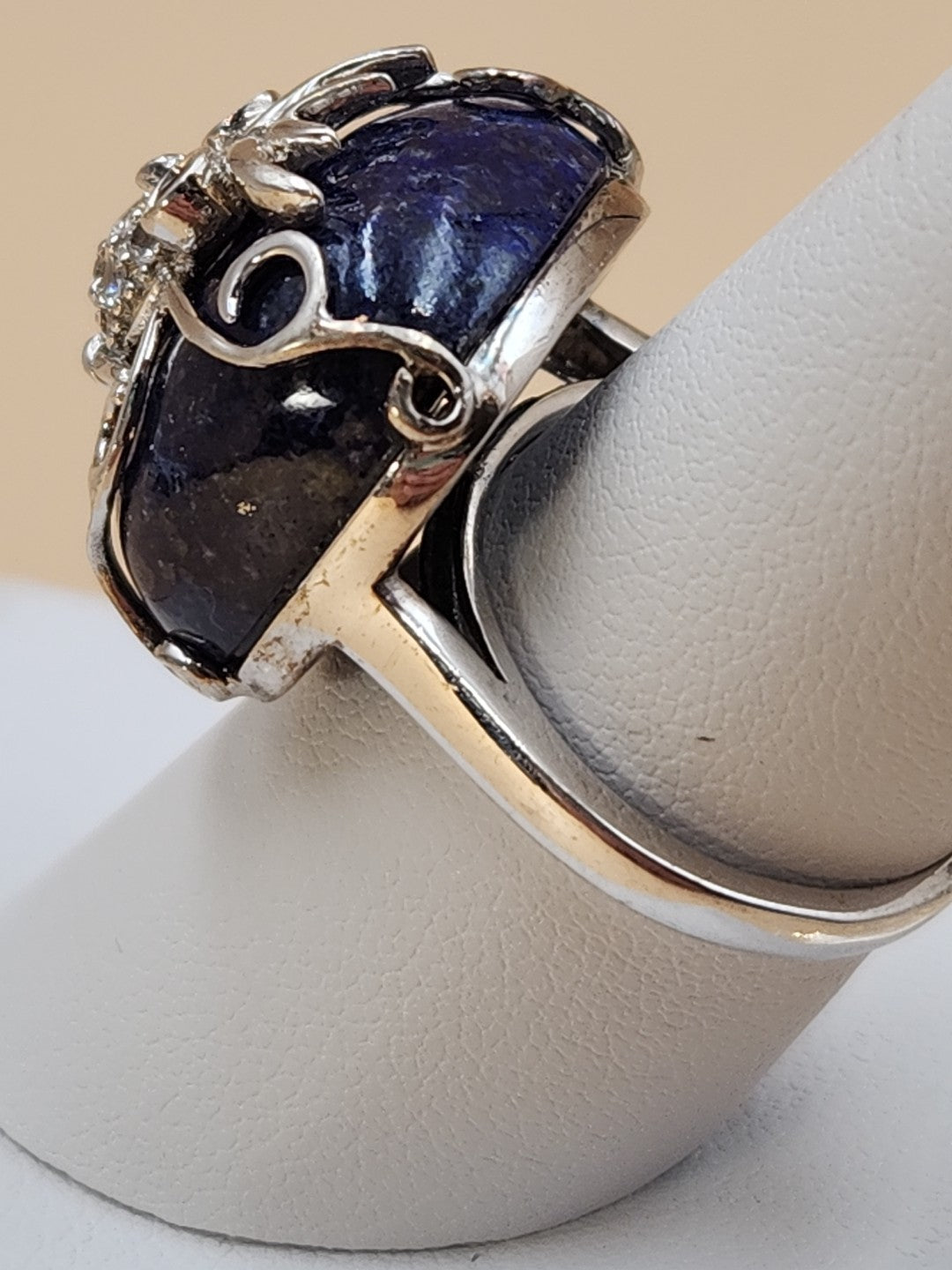 Lapis Lazuli/Sterling Silver/Clear Crystal/Red Garnet Owl Design Ring Size 7.75