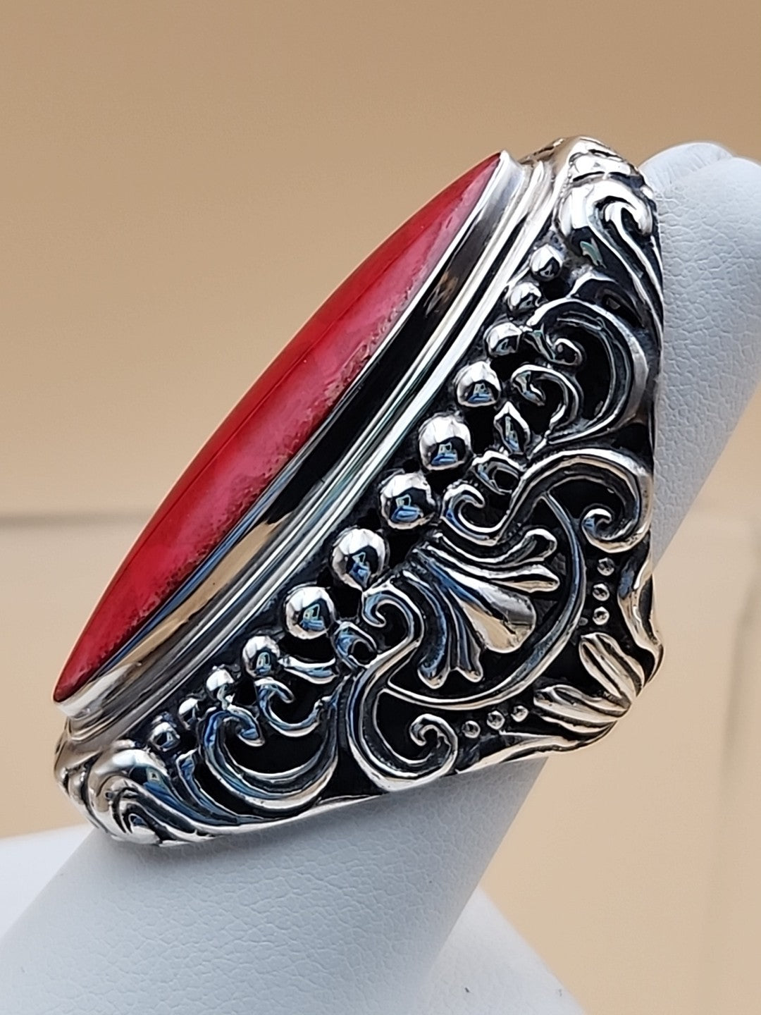 SAMUEL B. Red Jasper  Sterling Silver Filigree Ring Size 7